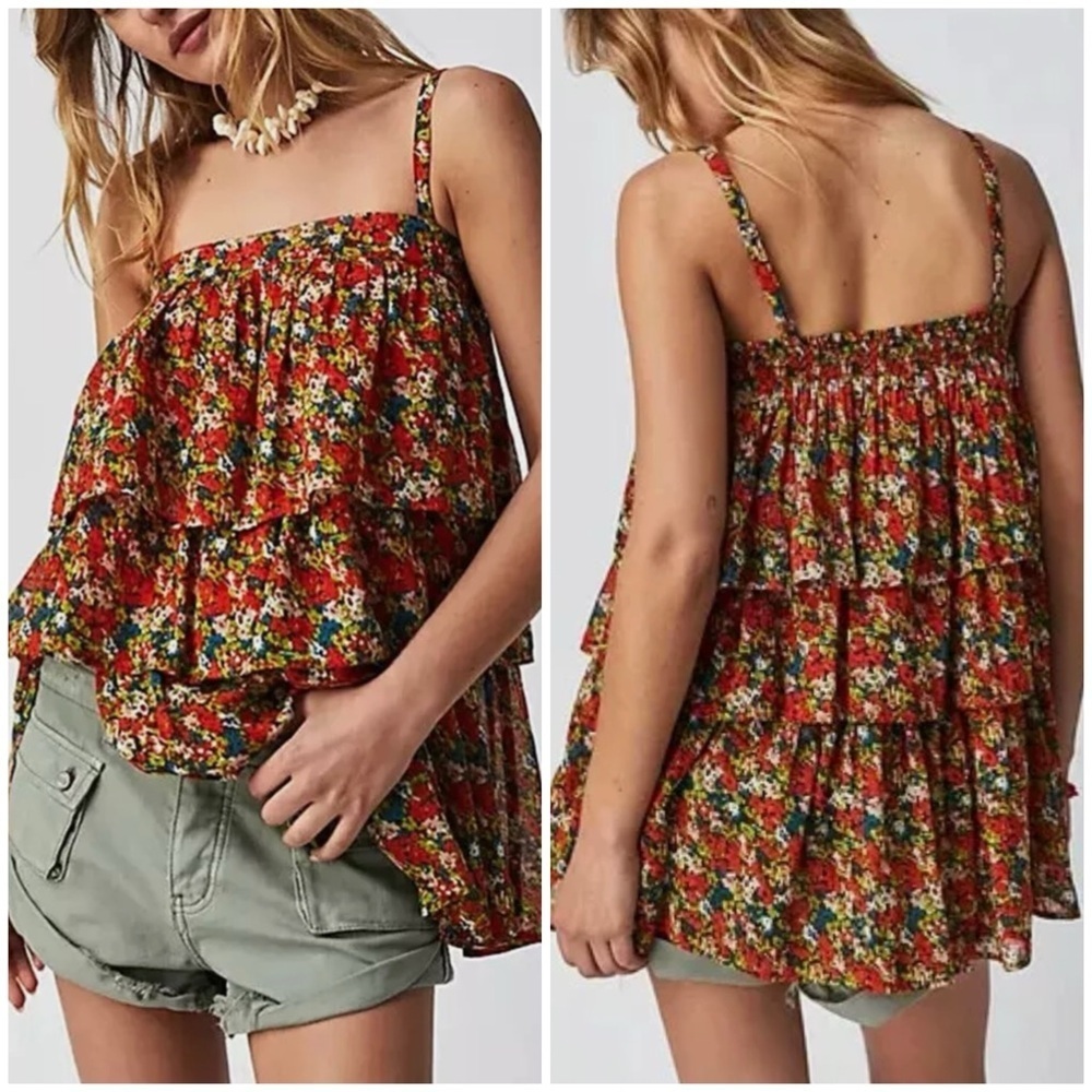 Free People FP One Talia Tunic Tiered Ruffle Sleeveless Smocked Top